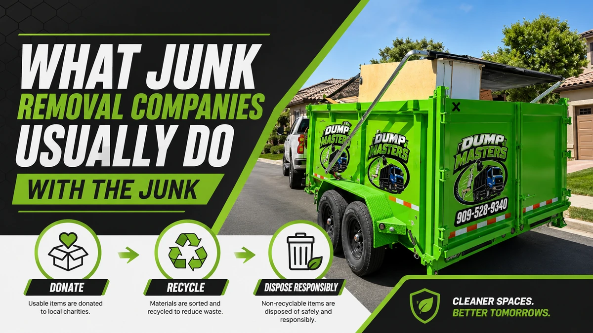 What junk removal companies usually do with the junk” infographic with donate, recycle, dispose icons
